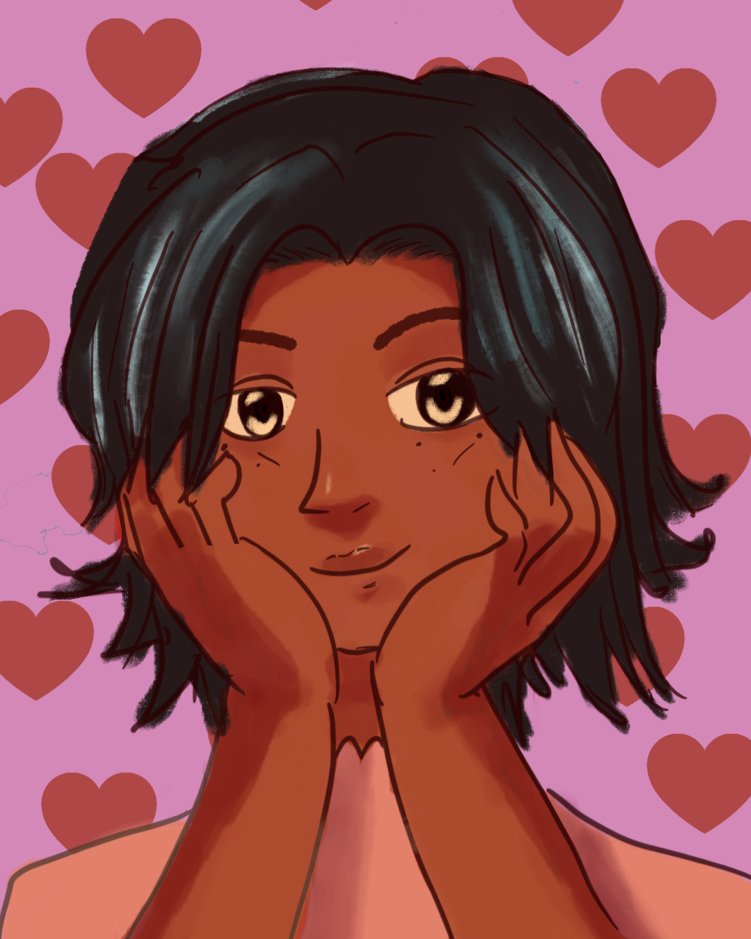 Drawing of me, smiling, with some hearts in the background
